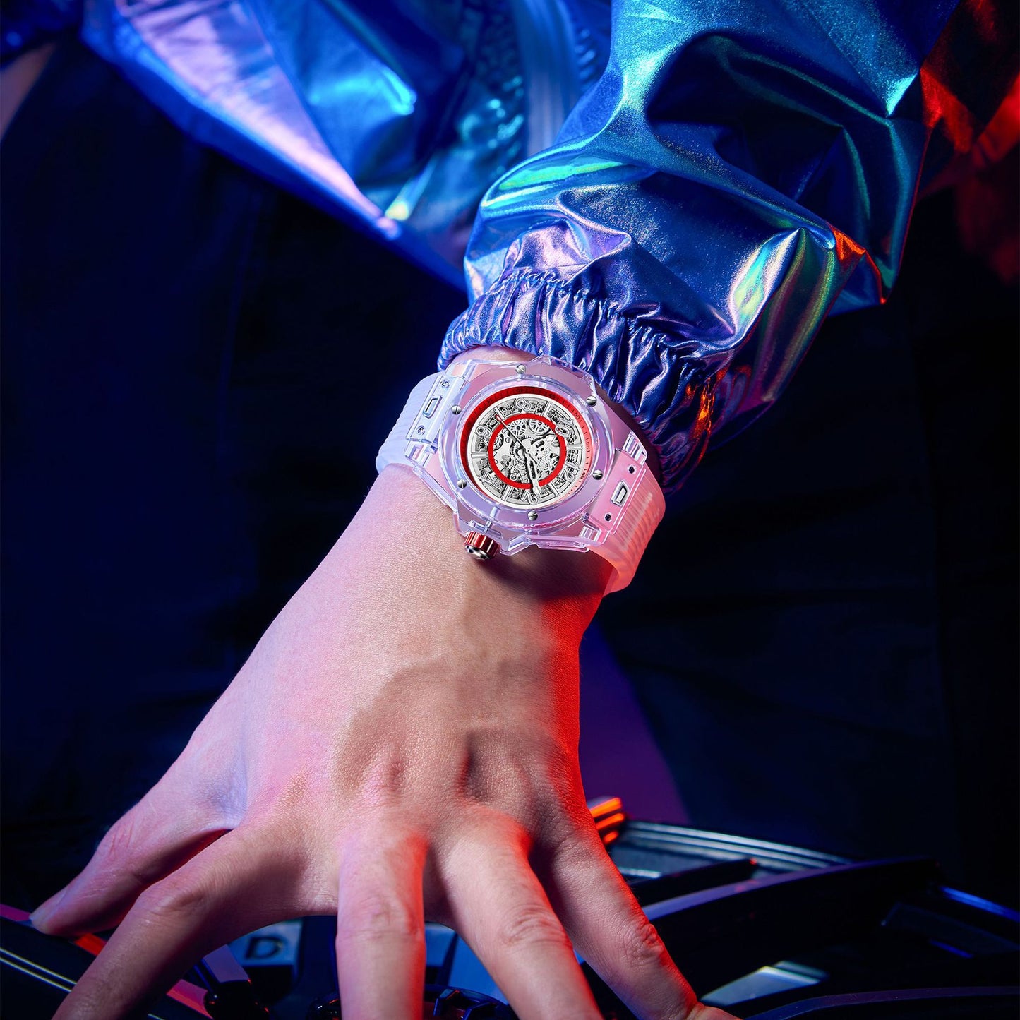 Mechanical Watch with Transparent Case and Silicone Strap