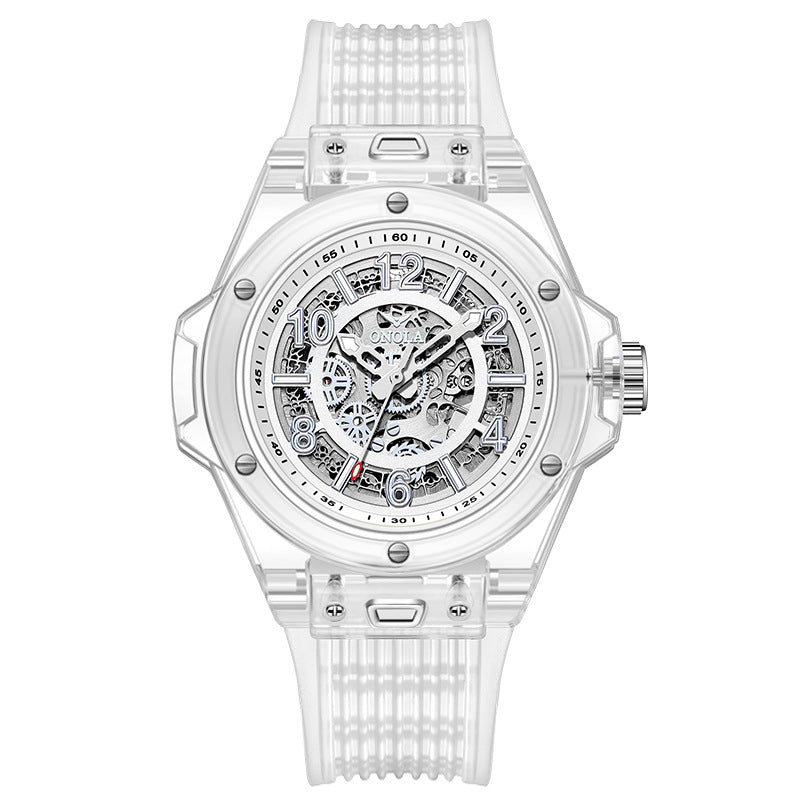 Mechanical Watch with Transparent Case and Silicone Strap